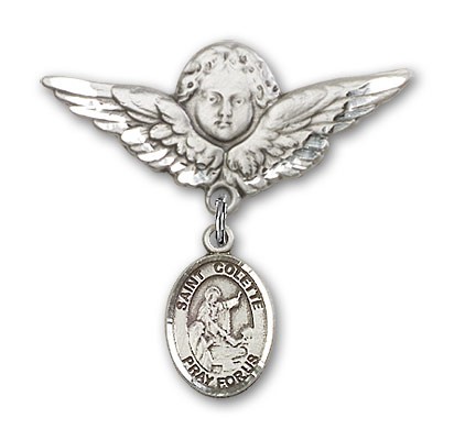 Pin Badge with St. Colette Charm and Angel with Larger Wings Badge Pin - Silver tone