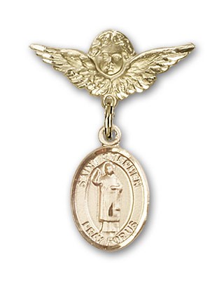 Pin Badge with St. Stephen the Martyr Charm and Angel with Smaller Wings Badge Pin - 14K Solid Gold