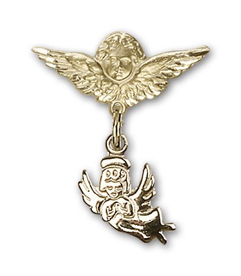 Baby Pin with Guardian Angel Charm and Angel with Smaller Wings Badge Pin - Gold Tone