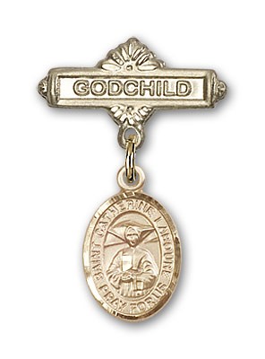 Pin Badge with St. Catherine Laboure Charm and Godchild Badge Pin - 14K Solid Gold