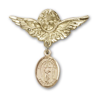 Pin Badge with St. Matthias the Apostle Charm and Angel with Larger Wings Badge Pin - 14K Solid Gold