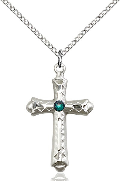 Matte Cross Pendant with Diamond Etching Birthstone Options - Emerald Green
