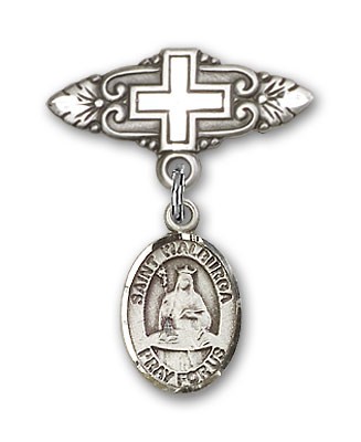 Pin Badge with St. Walburga Charm and Badge Pin with Cross - Silver tone