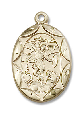 St. Michael &amp; Guardian Angel Oval Scalloped Medal - 14K Solid Gold