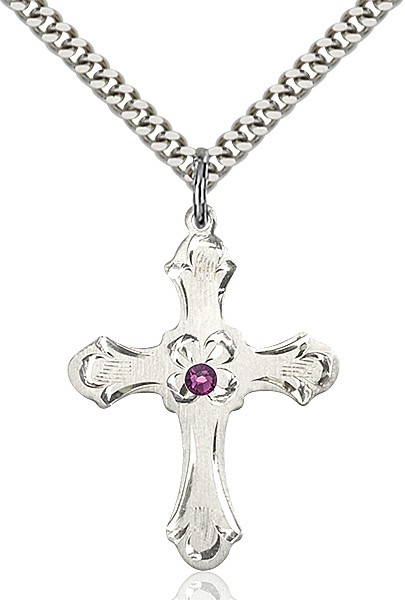 Budded Cross Pendant with Etched Border Birthstone Options - Amethyst