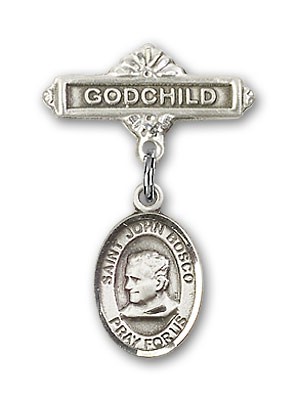 Pin Badge with St. John Bosco Charm and Godchild Badge Pin - Silver tone
