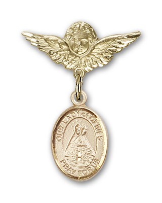 Pin Badge with Our Lady of Olives Charm and Angel with Smaller Wings Badge Pin - Gold Tone