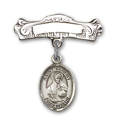 Pin Badge with St. Albert the Great Charm and Arched Polished Engravable Badge Pin - Silver tone