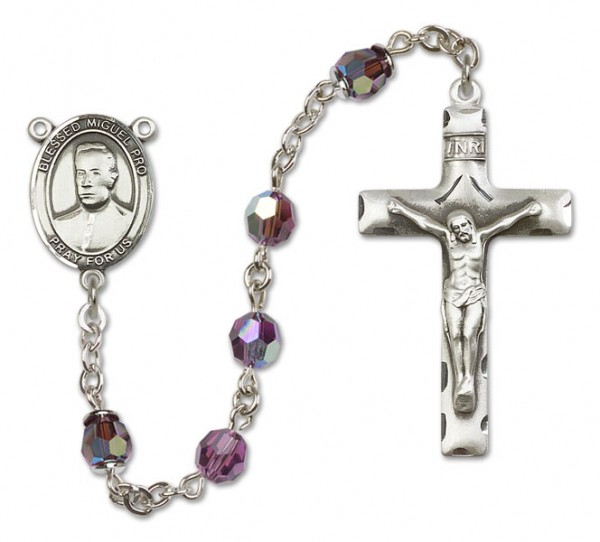 Blessed Miguel Pro Sterling Silver Heirloom Rosary Squared Crucifix - Amethyst