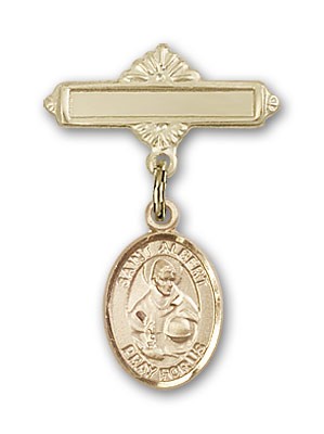 Pin Badge with St. Albert the Great Charm and Polished Engravable Badge Pin - Gold Tone