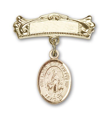 Pin Badge with Lord Is My Shepherd Charm and Arched Polished Engravable Badge Pin - 14K Solid Gold
