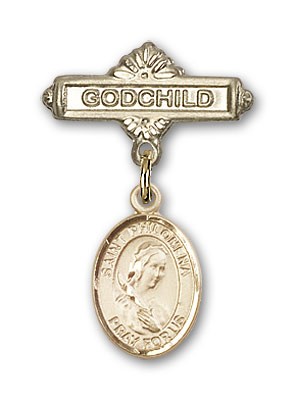Pin Badge with St. Philomena Charm and Godchild Badge Pin - 14K Solid Gold