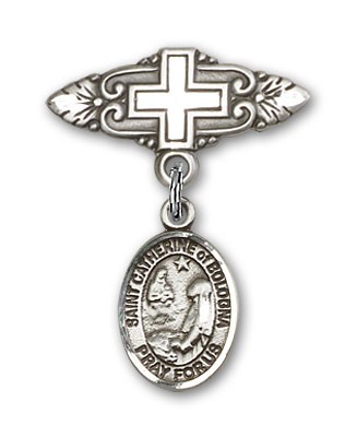 Pin Badge with St. Catherine of Bologna Charm and Badge Pin with Cross - Silver tone