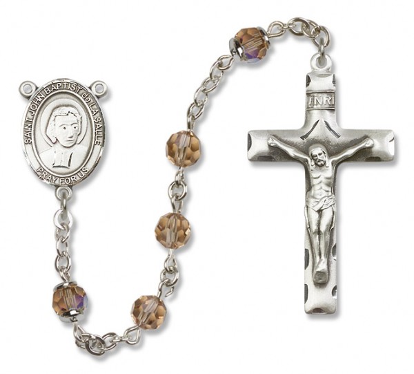 St. John Baptist de la Salle Sterling Silver Heirloom Rosary Squared Crucifix - Topaz
