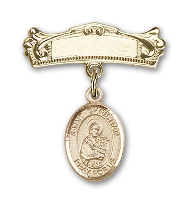 Pin Badge with St. Christian Demosthenes Charm and Arched Polished Engravable Badge Pin - Gold Tone