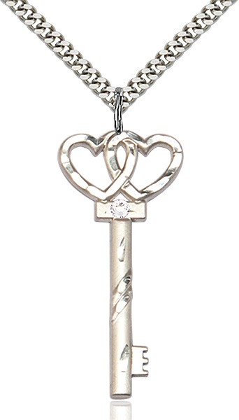 Larger Double Hearts Key Pendant with Birthstone - Crystal