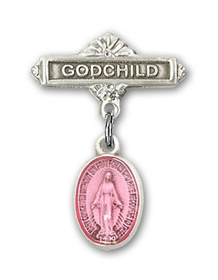 Baby Pin with Miraculous Charm and Godchild Badge Pin - Silver | Pink