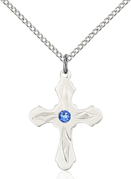 Youth Cross Pendant with Pointed Etching Birthstone Options - Sapphire