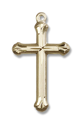 Round Tip with Star Etched Cross Necklace - 14K Solid Gold
