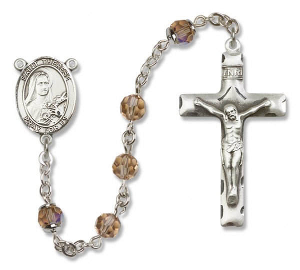 St. Therese of Lisieux Sterling Silver Heirloom Rosary Squared Crucifix - Topaz