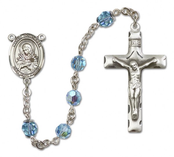 Mater Dolorosa Rosary Our Lady of Mercy Sterling Silver Heirloom Rosary Squared Crucifix - Aqua