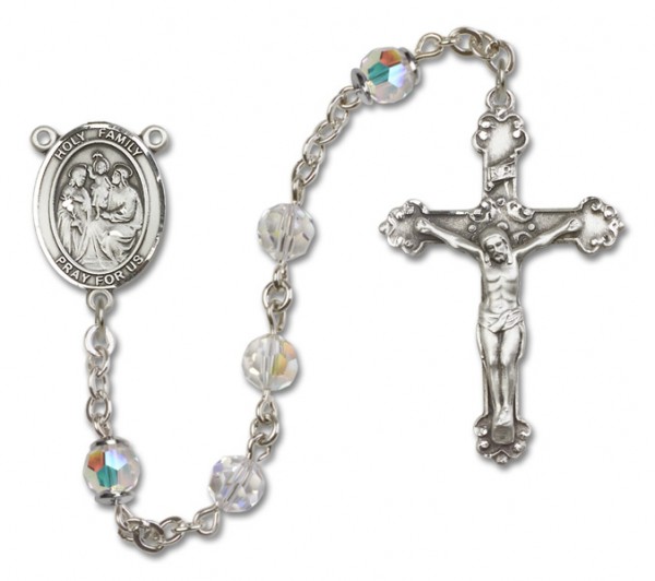 Holy Family Sterling Silver Heirloom Rosary Fancy Crucifix - Crystal