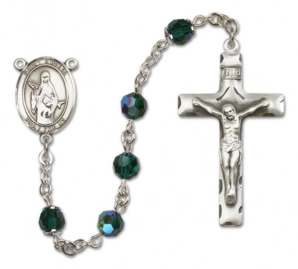 St. Amelia Sterling Silver Heirloom Rosary Squared Crucifix - Emerald Green