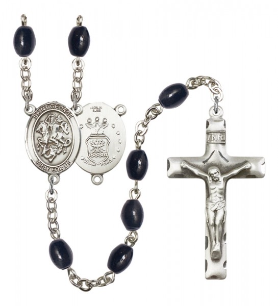 Men's St. George Air Force Silver Plated Rosary - Black Oval