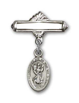 Pin Badge with St. Christopher Charm and Polished Engravable Badge Pin - Sterling Silver