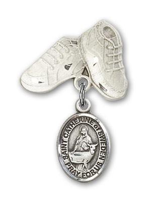 Pin Badge with St. Catherine of Sweden Charm and Baby Boots Pin - Silver tone