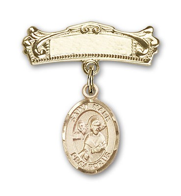 Pin Badge with St. Mark the Evangelist Charm and Arched Polished Engravable Badge Pin - 14K Solid Gold