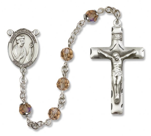 St. Thomas More Sterling Silver Heirloom Rosary Squared Crucifix - Topaz