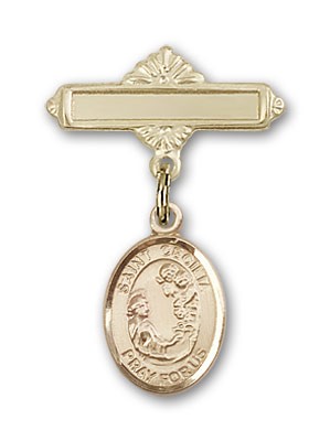 Pin Badge with St. Cecilia Charm and Polished Engravable Badge Pin - 14K Solid Gold