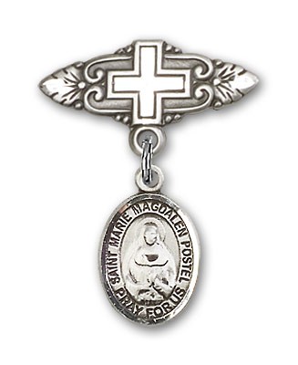 Pin Badge with Marie Magdalen Postel Charm and Badge Pin with Cross - Silver tone