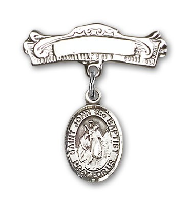 Pin Badge with St. John the Baptist Charm and Arched Polished Engravable Badge Pin - Silver tone