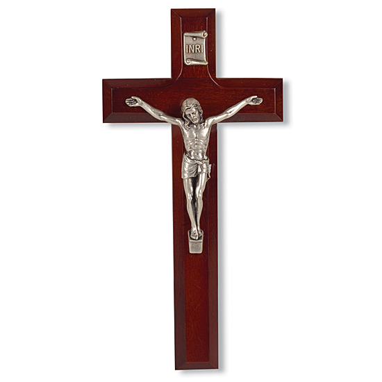 Small Dark Cherry Wall Crucifix with Pewter Jesus Figure - 7 inch - Cherry Wood