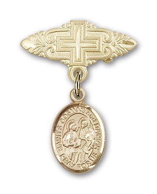 Pin Badge with Sts. Cosmas &amp; Damian Charm and Badge Pin with Cross - 14K Solid Gold