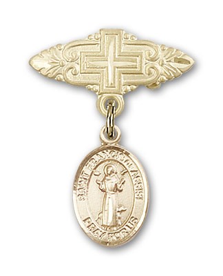 Pin Badge with St. Francis of Assisi Charm and Badge Pin with Cross - 14K Solid Gold