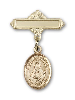 Pin Badge with St. Alexandra Charm and Polished Engravable Badge Pin - Gold Tone