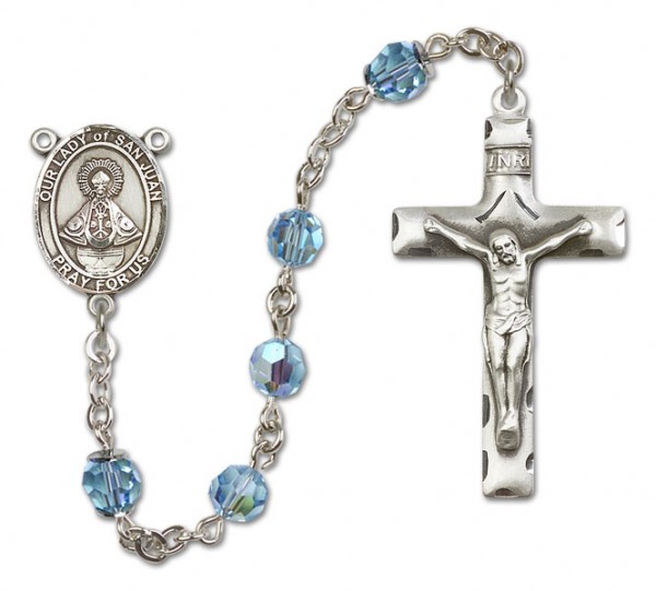 Our Lady of San Juan Sterling Silver Heirloom Rosary Squared Crucifix - Aqua