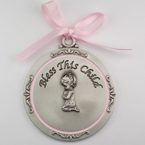 Silver Bless This Child Crib Medal - Girl - Silver | Pink