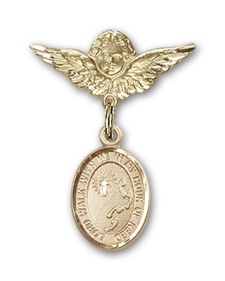 Pin Badge with Footprints Cross Charm and Angel with Smaller Wings Badge Pin - 14K Solid Gold
