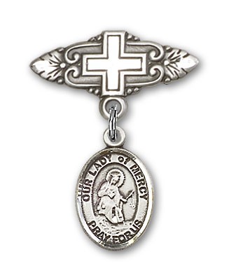 Pin Badge with Our Lady of Mercy Charm and Badge Pin with Cross - Silver tone