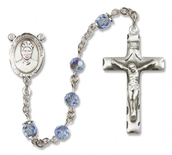 St. Josephine Bakhita Sterling Silver Heirloom Rosary Squared Crucifix - Light Sapphire