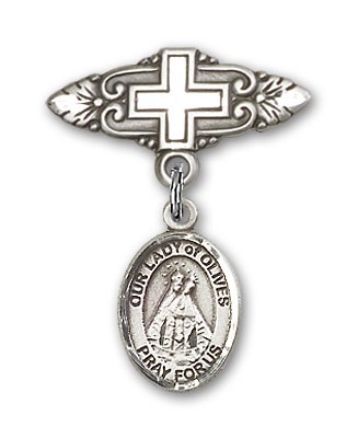 Pin Badge with Our Lady of Olives Charm and Badge Pin with Cross - Silver tone