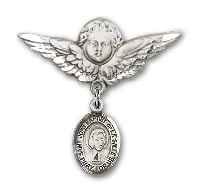 Pin Badge with St. John Baptist de la Salle Charm and Angel with Larger Wings Badge Pin - Silver tone