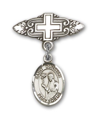 Pin Badge with St. Dunstan Charm and Badge Pin with Cross - Silver tone