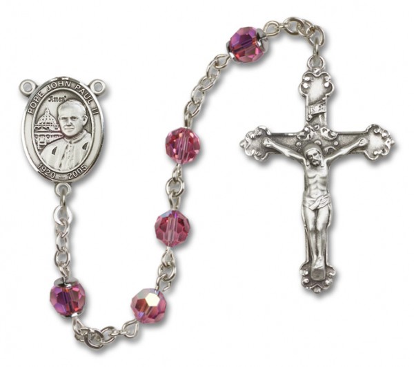 Pope John Paul II Sterling Silver Heirloom Rosary Fancy Crucifix - Rose