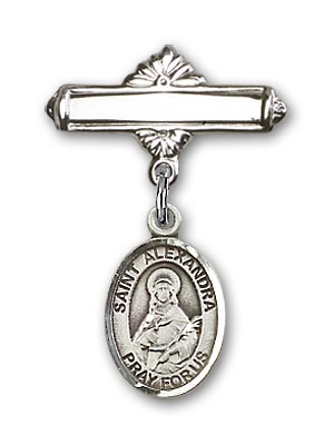 Pin Badge with St. Alexandra Charm and Polished Engravable Badge Pin - Silver tone