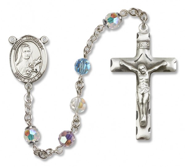 St. Therese of Lisieux Sterling Silver Heirloom Rosary Squared Crucifix - Multi-Color